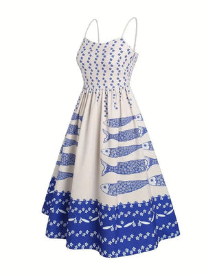Vacation ocean fish print strap dress back elastic-Blue Hand Home