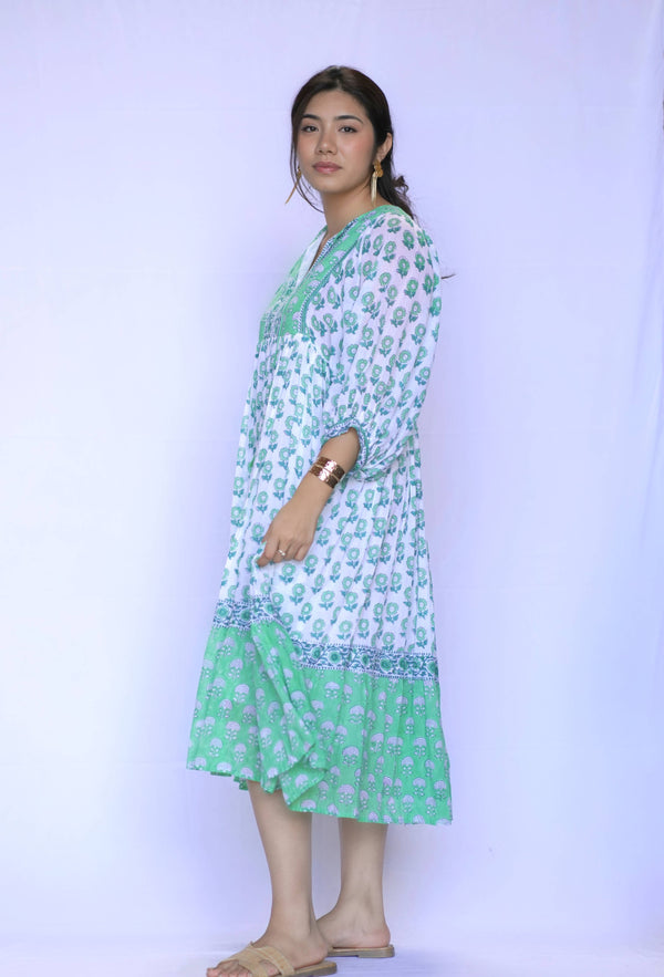 Mylah Midi Dress Block Printed Green White -Blue Hand Home