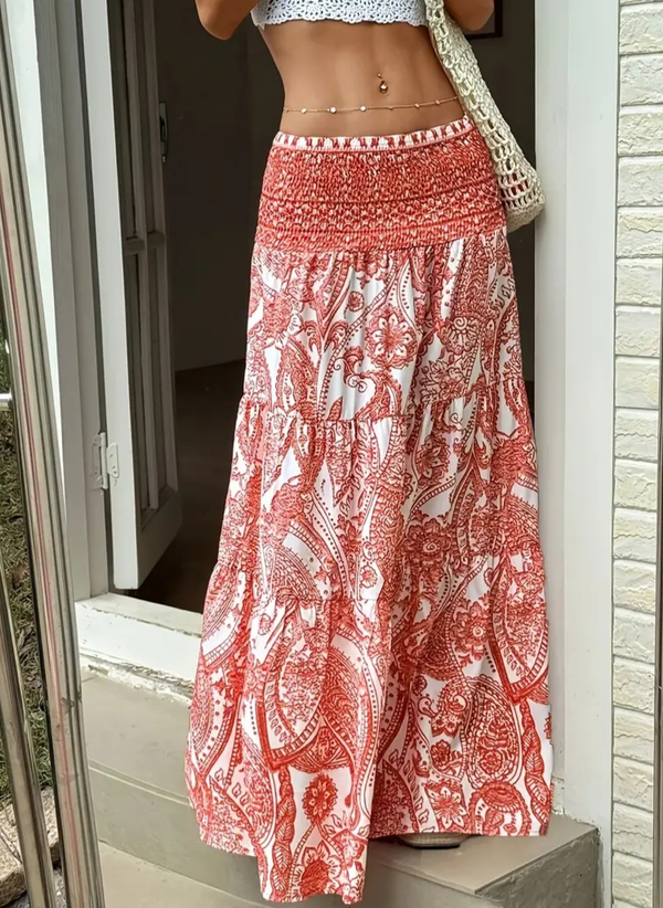 Smocked Elastic Beach Paisley Print Tiered Maxi Skirt-Blue Hand Home