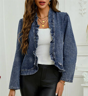 Crop Open Ruffle Denim Jacket
