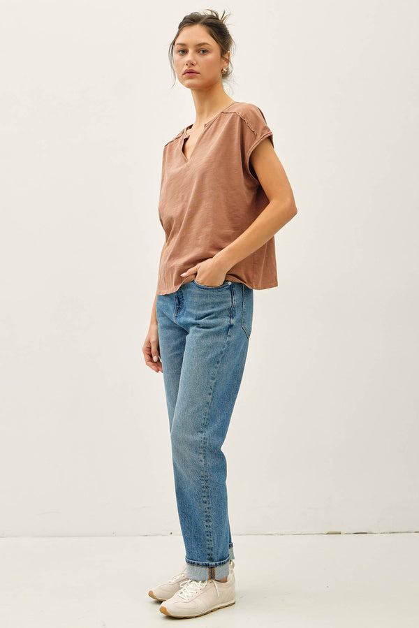 Garment Dye Oversize Cut Split-V Cotton Slub Tee-Blue Hand Home