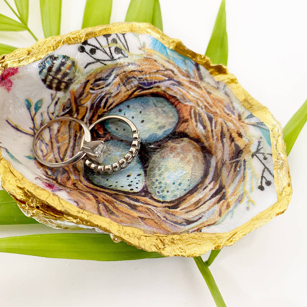 Robin's Egg Decoupage Oyster Shell Trinket Ring Dish-Blue Hand Home