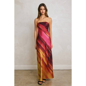 Watercolor Stripe Satin Strapless Bias Cut Maxi Dress-Blue Hand Home