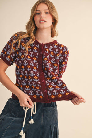 FLORAL SHORT SLEEVE SWEATER CARDIGAN MSW11259-Blue Hand Home