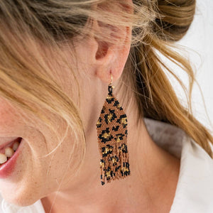 Delilah Cheetah Print Beaded Fringe Earrings Mocha, Black, + Gold Wholesale-Blue Hand Home