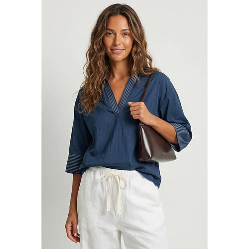 Contrast Stitch Detail Popover Blouse-Blue Hand Home