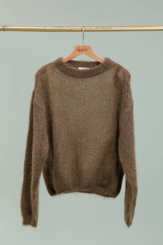 Round neck long sleeve sweater in 80% kid mohair: Kaki / One size-Blue Hand Home