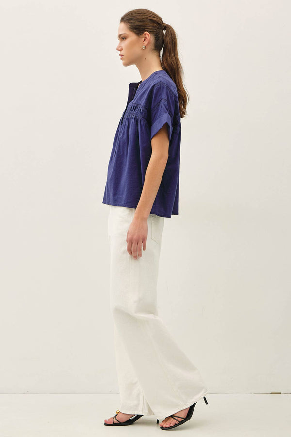 EYELET LACED OVERSIZE DOLMAN SLEEVE TOP-Blue Hand Home