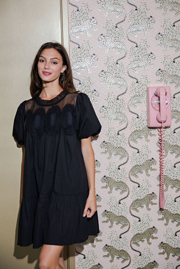 Bubble Sleeve Crochet Lace Babydoll Dress-Blue Hand Home