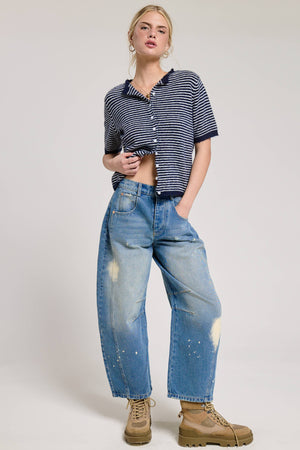 Striped Short Sleeve Button Cardigan-Blue Hand Home