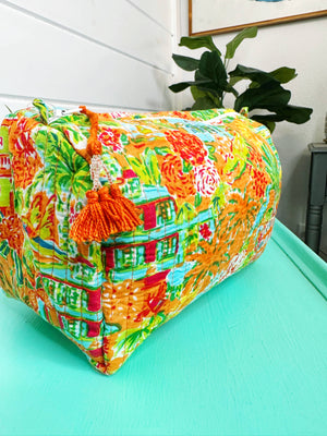 Quilted Cosmetics Makeup Bag - Orange Southern Town Print-Blue Hand Home
