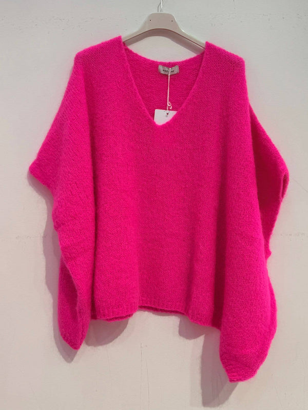 Mohair poncho sweater 7627: Fuchsia fluo-Blue Hand Home