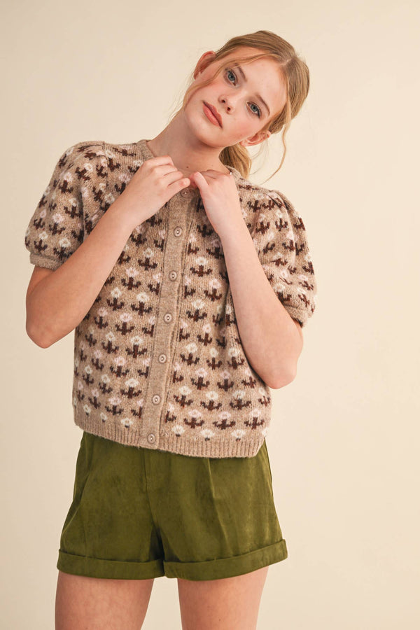 FLORAL SHORT SLEEVE SWEATER CARDIGAN MSW11259-Blue Hand Home