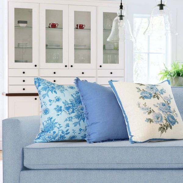 Serenity Toile de Jouy Roses Pillow Cover –Sky Blue, Vintage-Blue Hand Home