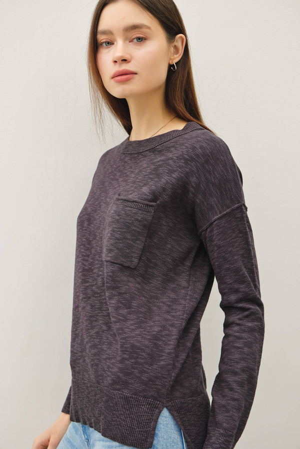 SLUB YARN ROUND NECK SWEATER WITH CHEST POCKETS-Blue Hand Home