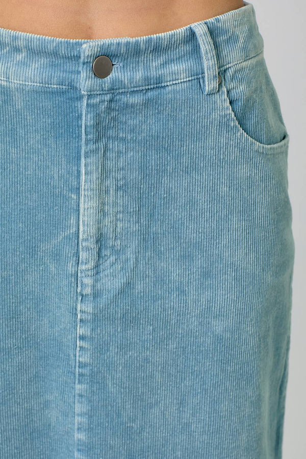 60742 Washed Front Slit Corduroy Skirt-Blue Hand Home