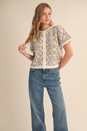 FLORAL SHORT SLEEVE SWEATER CARDIGAN MSW11258-Blue Hand Home