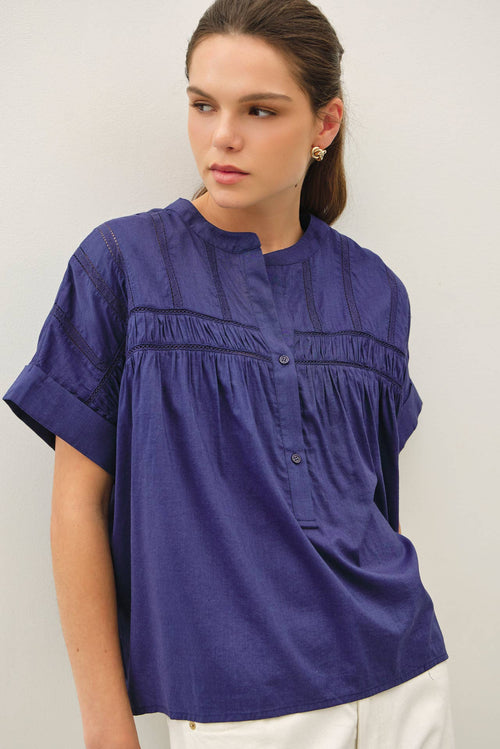 EYELET LACED OVERSIZE DOLMAN SLEEVE TOP-Blue Hand Home