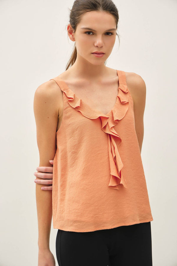 CRINKLED CHIFFON RUFFLE TANK TOP-Blue Hand Home