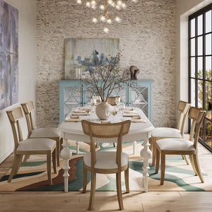 Bramble Beatrice Dining Chair In Fruitwood W/ Arctic White Performance Fabric & Rattan Natural On Back-Bramble-Blue Hand Home