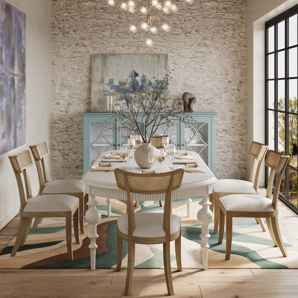Bramble Beatrice Dining Chair In Fruitwood W/ Arctic White Performance Fabric & Rattan Natural On Back-Bramble-Blue Hand Home