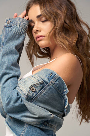 Flap Pockets Raw Hem Denim Jacket-Blue Hand Home