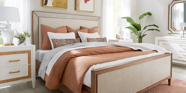 Belgravia Upholstered Bed w/ Rattan King-Blue Hand Home