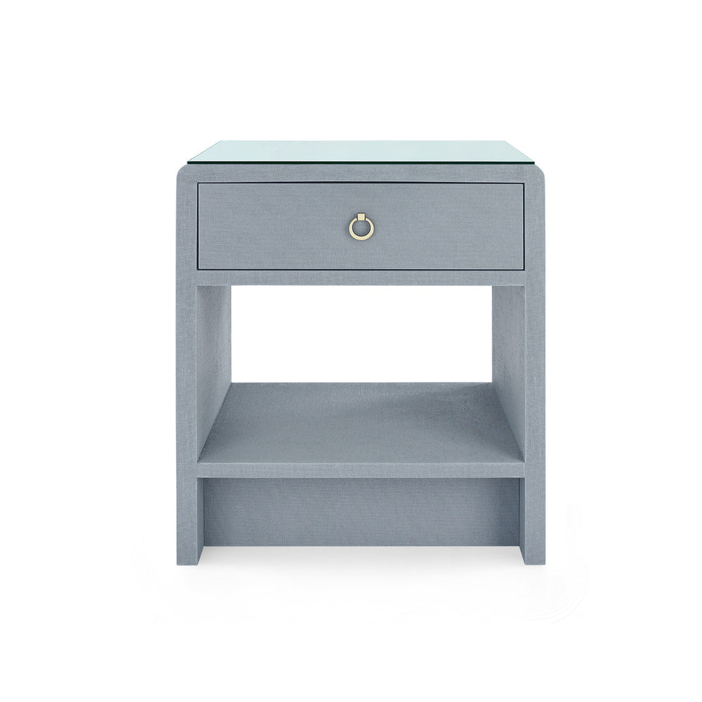 Benjamin Linen 1-Drawer Side Table with Glass Top, Winter Gray-Blue Hand Home