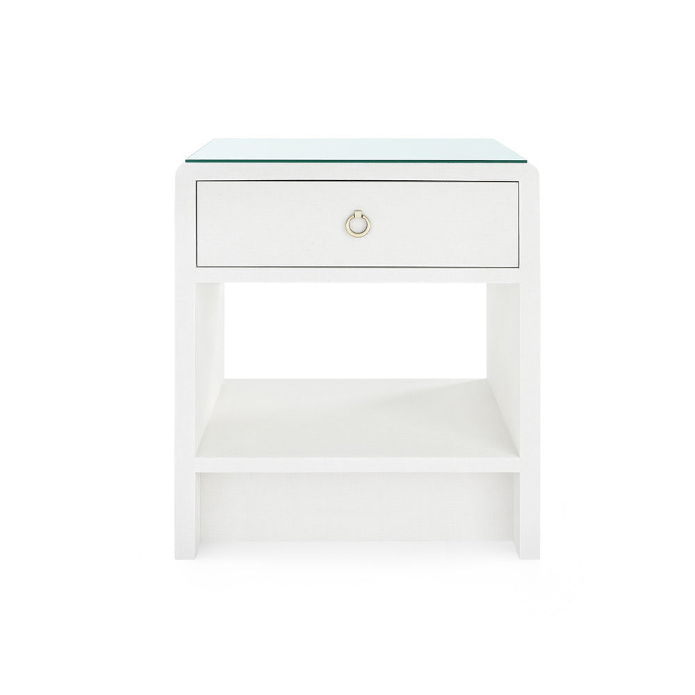 Benjamin Linen 1-Drawer Side Table with Glass Top, Chiffon White-Blue Hand Home