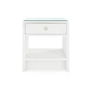 Benjamin Linen 1-Drawer Side Table with Glass Top, Chiffon White