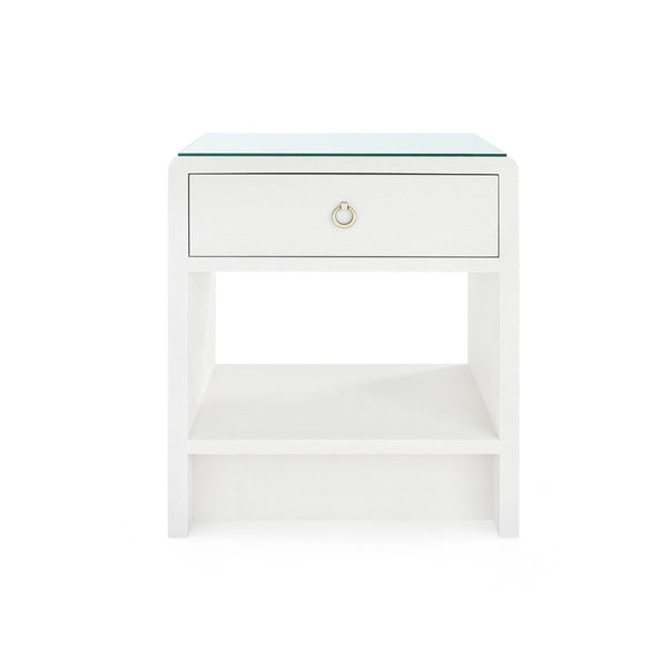 Benjamin Linen 1-Drawer Side Table with Glass Top, Chiffon White