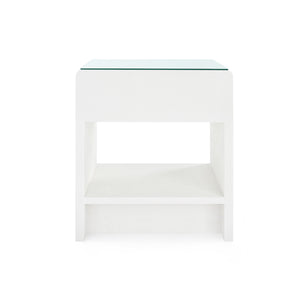 Benjamin Linen 1-Drawer Side Table with Glass Top, Chiffon White