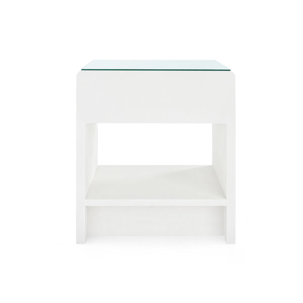 Benjamin Linen 1-Drawer Side Table with Glass Top, Chiffon White