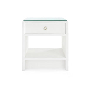 Benjamin Linen 1-Drawer Side Table with Glass Top, Chiffon White-Blue Hand Home