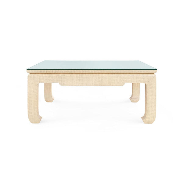 Bethany Large Square Coffee Table with Glass Top, Natural Twill-Blue Hand Home
