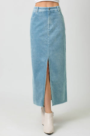 60742 Washed Front Slit Corduroy Skirt-Blue Hand Home