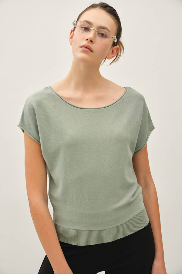 Boat Neck Cap Sleeve Fine Sweater Top
