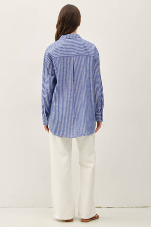 COTTON LINEN BLEND LONG SLEEVE BUTTON UP SHIRT-Blue Hand Home