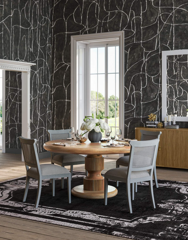 Gustavian Dining Chair W/ Rattan Back In Grey Charleston W/ Boucle Sand Performance Fabric-Blue Hand Home