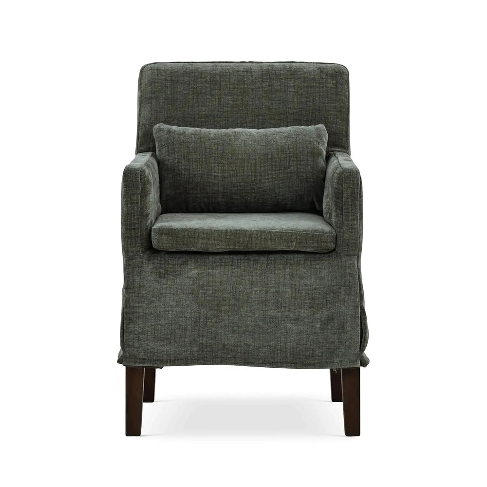 Bramble Bilboa Slipcovered Arm Dining Chair in Walnut w/ Thames Moss Green Performance Fabric-Bramble-Blue Hand Home
