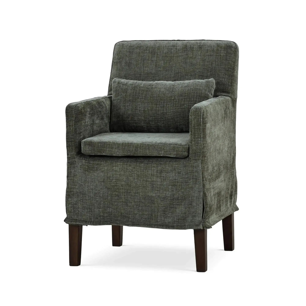 Bramble Bilboa Slipcovered Arm Dining Chair in Walnut w/ Thames Moss Green Performance Fabric-Bramble-Blue Hand Home