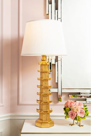 Brighton Lamp with Shade 16-inch White Linen, with Gold, Gold Leaf
