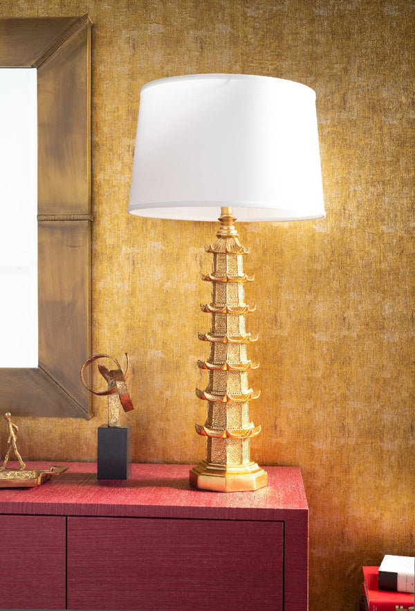 Brighton Lamp with Shade 16-inch White Linen, with Gold, Gold Leaf