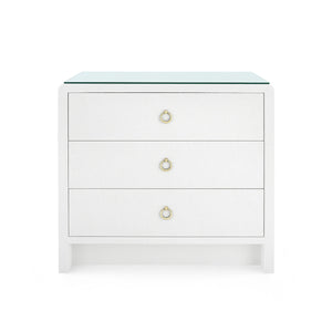 Bryant Linen 3-Drawer Side Table with Glass Top, Chiffon White