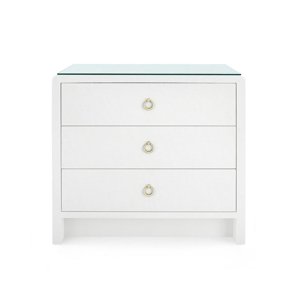 Bryant Linen 3-Drawer Side Table with Glass Top, Chiffon White