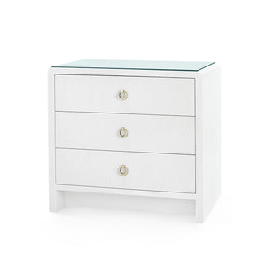 Bryant Linen 3-Drawer Side Table with Glass Top, Chiffon White