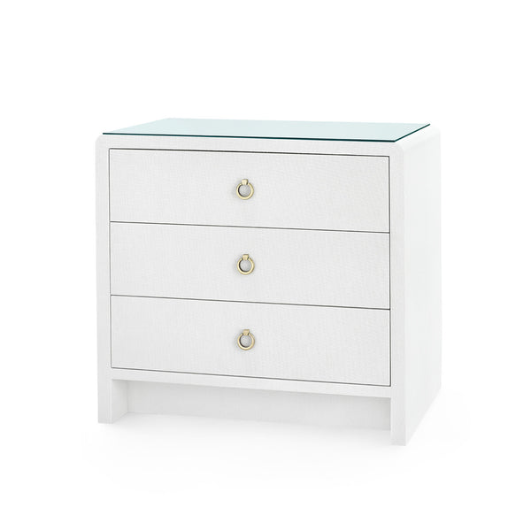 Bryant Linen 3-Drawer Side Table with Glass Top, Chiffon White