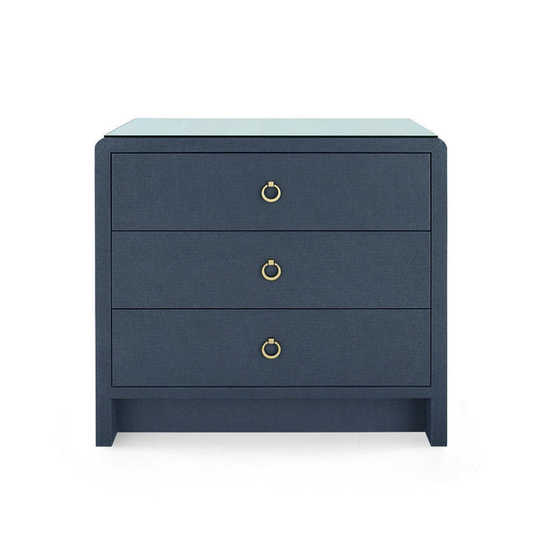 Bryant Linen 3-Drawer Side Table with Glass Top, Blue Steel