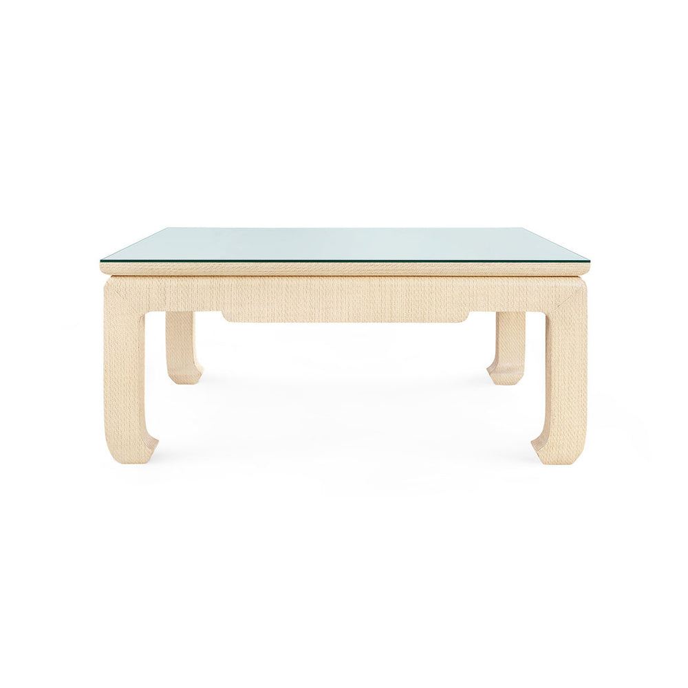 Bethany Large Square Coffee Table with Glass Top, Natural Twill-Blue Hand Home