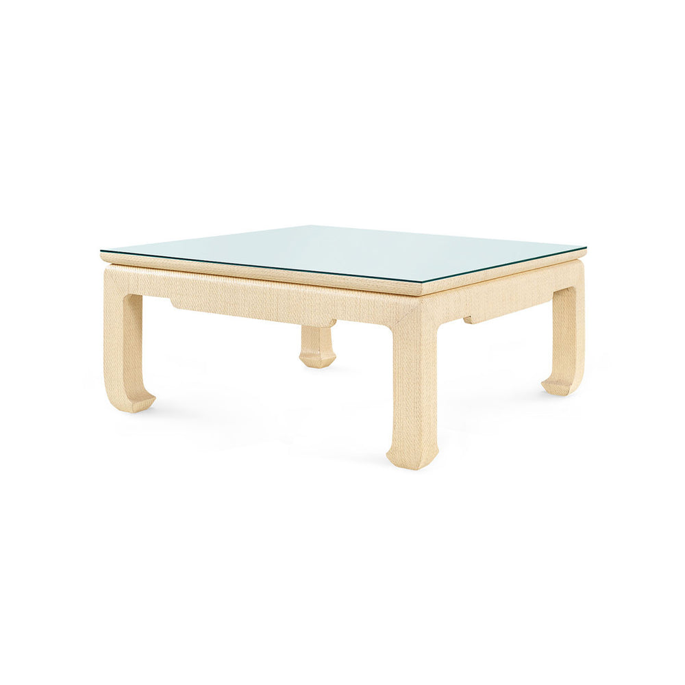 Bethany Large Square Coffee Table with Glass Top, Natural Twill-Blue Hand Home